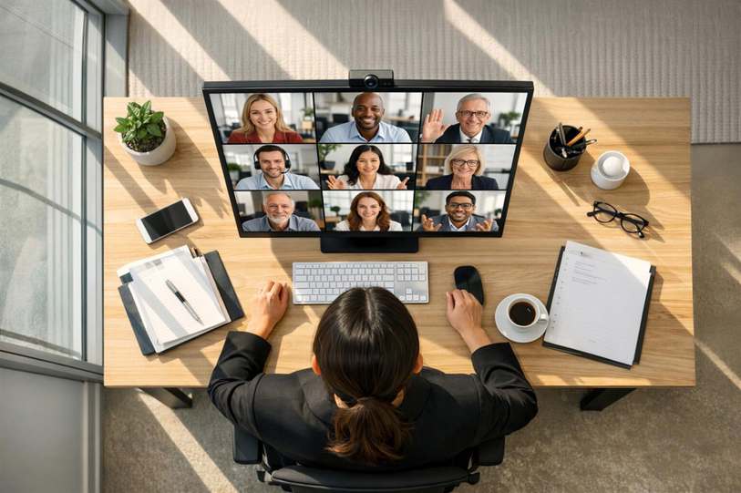 Professores reunidos planejando aulas usando computador com inteligência artificial na tela